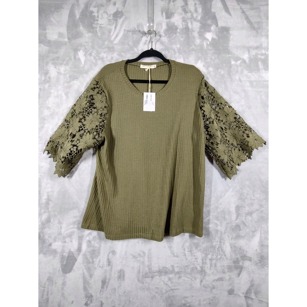 Grace + Emma Womens Olive Green Waffle Knit Crochet Lace Sleeve Top 2XL NEW